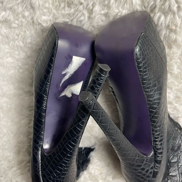 London Trash LT Crime leather Black reptile embossed stiletto platform heels SZ7 - Picture 9 of 11